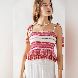 En Creme Pink and White Smocked Tassel Crop Tank